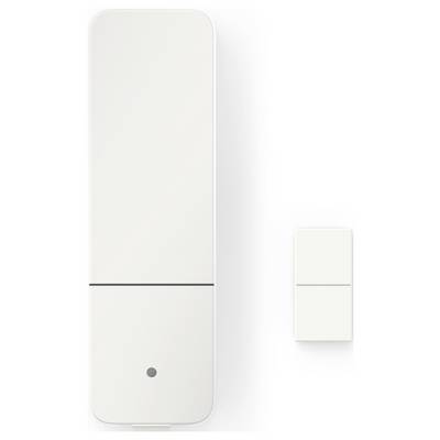 Een witte rechthoekige slimme deuropener sensor met een klein bijbehorend onderdeel, gebruikt voor het detecteren van deur- of raambewegingen in een beveiligingssysteem.