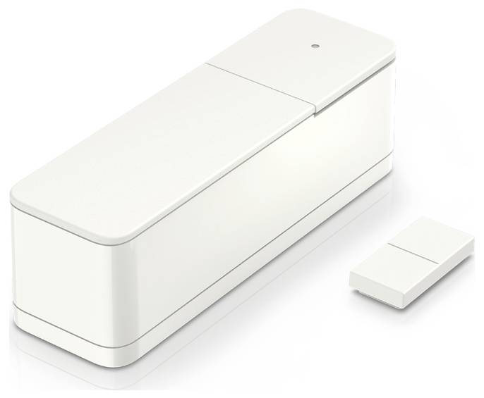 'Wit rechthoekig elektronisch apparaat met een klein, losgemaakte rechthoekig stuk ernaast, mogelijk een slimme thuissensor of gadget.'