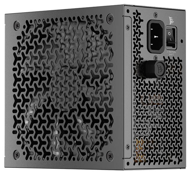 Een computervoedingseenheid met een grote ventilator en aan/uitschakelaar op zijn metalen behuizing, ontworpen voor koeling en elektrische aansluiting.