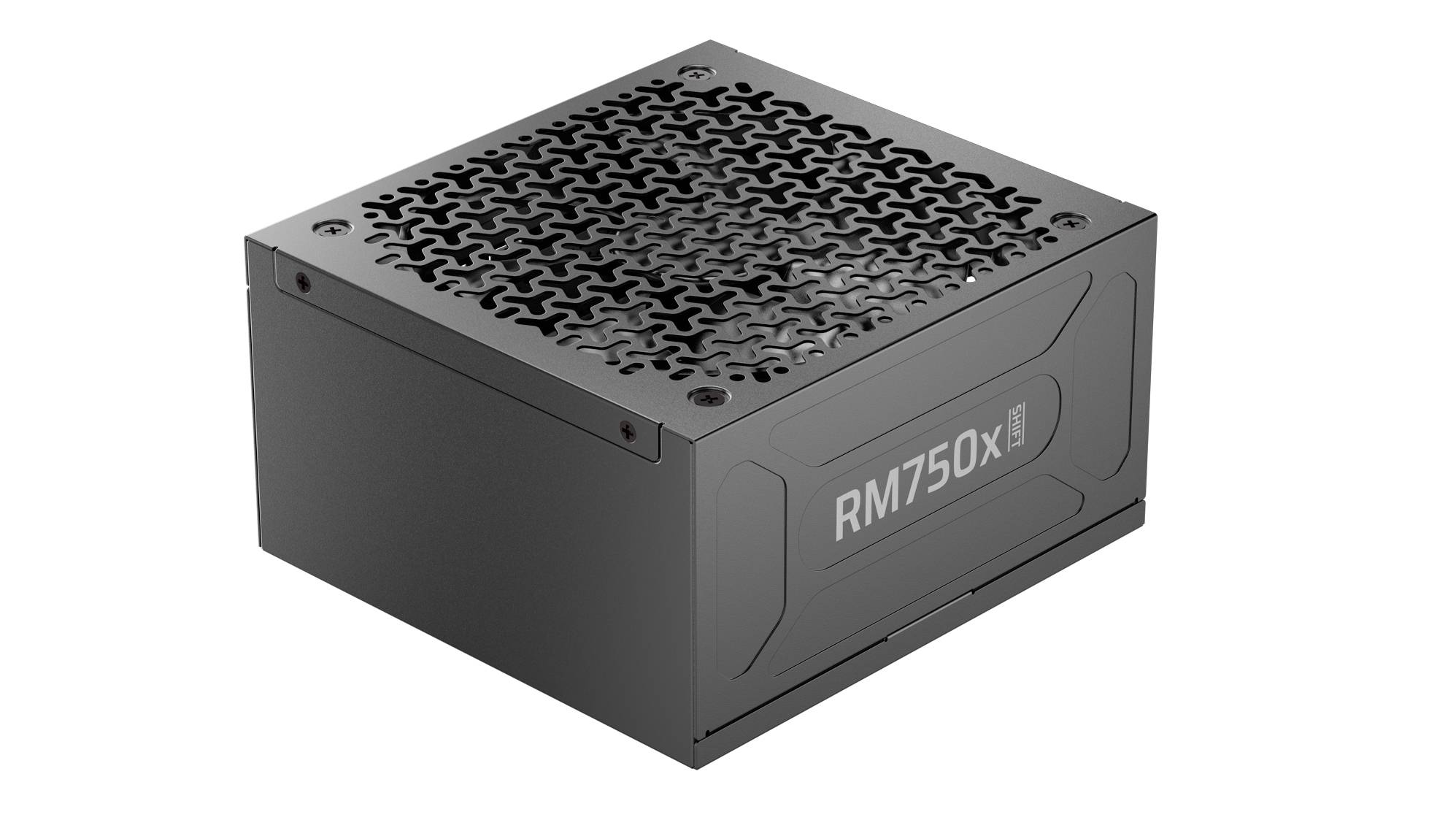 Een zwarte computer-voedingseenheid met een gaasachtige bovenkant, gelabeld 'RM750X'.
