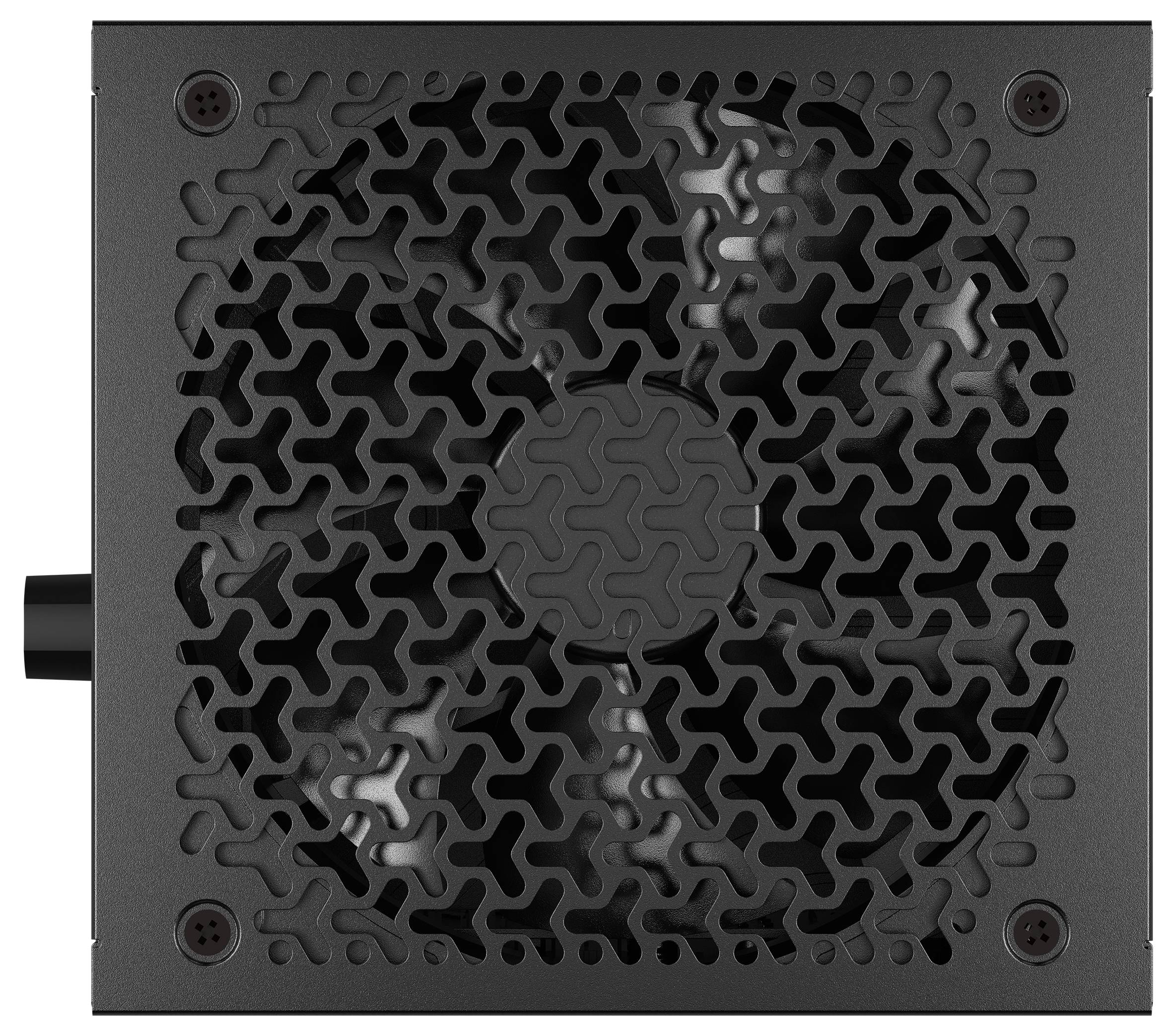 Een zwarte computervoeding met een ventilator is zichtbaar door een geventileerd rooster, voorzien van een geometrisch golfpatroon voor luchtstroom.