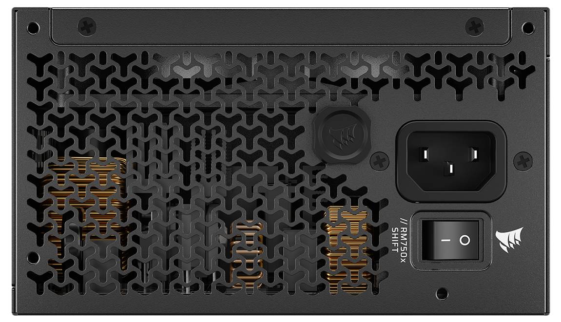 Een computervoeding met een ventilatorrooster, stroomaansluiting en aan/uit-schakelaar. Het merklogo is zichtbaar.