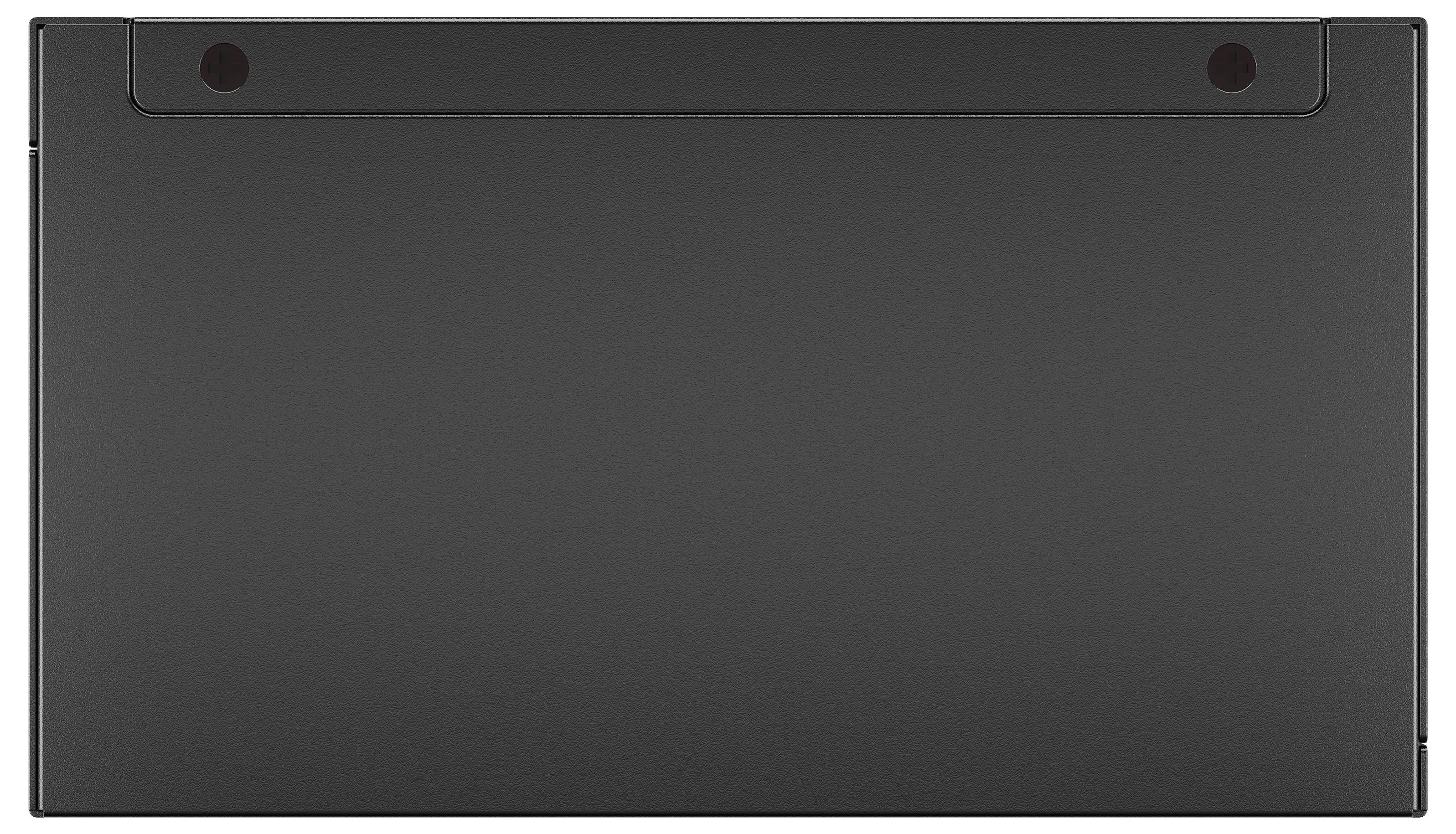 Onderaanzicht van een rechthoekig elektronisch apparaat, waarschijnlijk een laptop, met een strakke zwarte oppervlakte met afgeronde hoeken en rubberen pootjes.