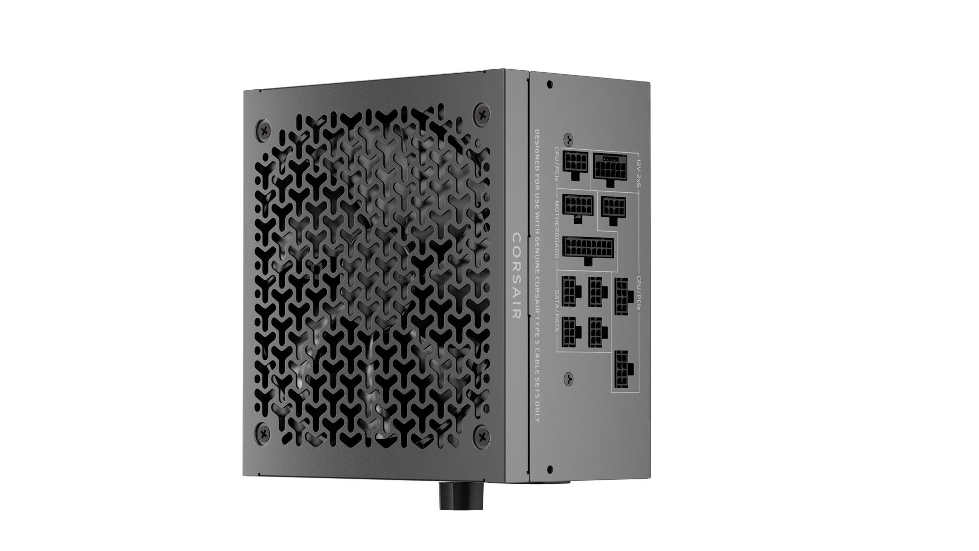 Een zwarte computervoedingseenheid met een rasterpatroon aan de ventilatiezijde en meerdere aansluitpoorten aan de tegenovergestelde zijde.