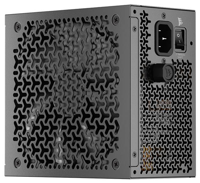 Een voedingsunit voor computers met een gestructureerde metalen behuizing, koelventilator aan de zijkant, en een aan/uit-schakelaar op het achterpaneel.