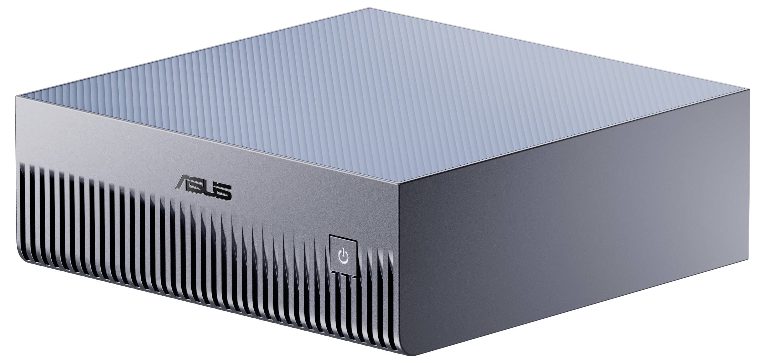 Een compacte, stijlvolle ASUS desktop mini-pc met een glanzende, geribbelde behuizing en een aan/uit-knop aan de voorkant, geschikt voor ruimtebesparende opstellingen.