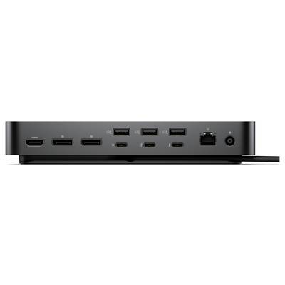 Achterkant van een computer met meerdere poorten, waaronder vier USB-poorten, twee HDMI-poorten, drie USB-C-poorten, Ethernet en een voedingsingang.