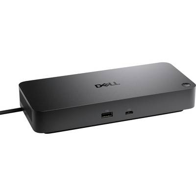 Een zwarte Dell-dockingstation met poorten voor USB en stroomaansluiting, gebruikt om een laptop te verbinden met meerdere apparaten en randapparatuur.