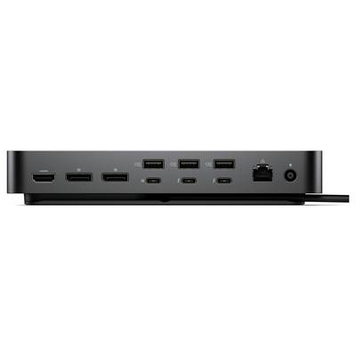 'Achteraanzicht van een computerdock met meerdere poorten, inclusief HDMI, Ethernet, USB-A, USB-C en voedingsingang, voor apparaataansluiting.'