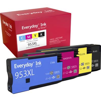 'Everyday Ink by Xerox' verpakking met cyaan, magenta, gele en zwarte inktcartridges tentoongesteld. De doos benadrukt een 100% levenslange garantie.
