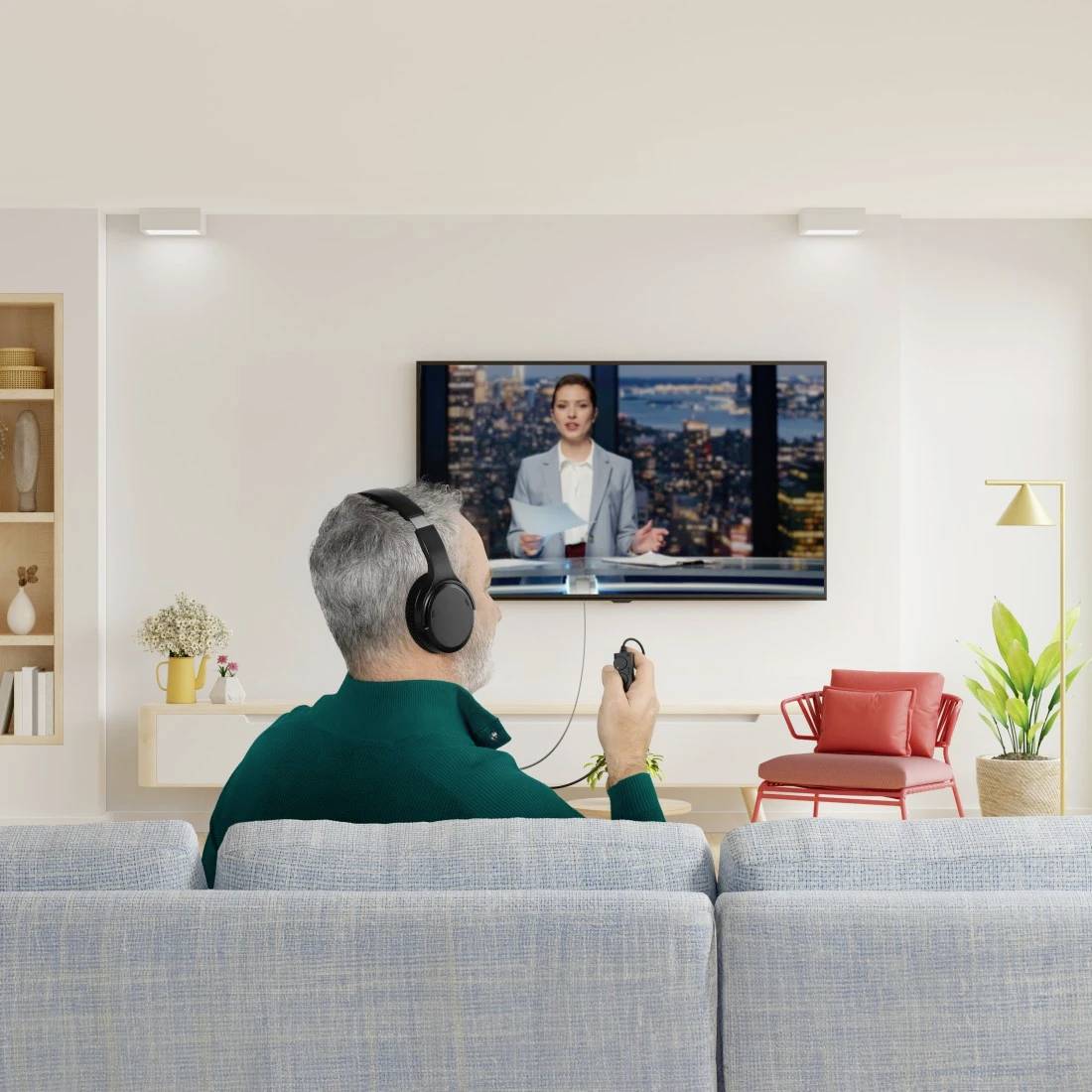 Een man met koptelefoon kijkt naar het nieuws op de tv in een moderne woonkamer, met een lichtblauwe bank en een rode stoel.