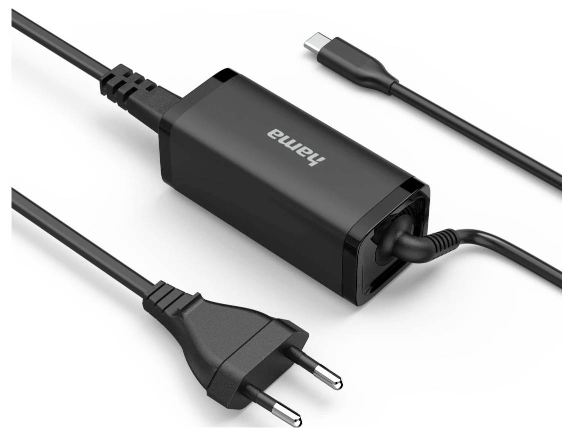 Een zwarte Hama-voedingsadapter met een verwisselbare stekker en een USB-C-kabel, ontworpen voor het opladen van elektronische apparaten.