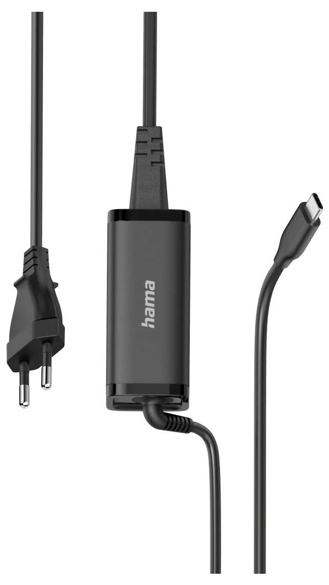 'Kabelvrije voedingsadapter met Europese stekker, gelabeld als "Hama", levert stroom via een USB-C-aansluiting, geschikt voor verschillende apparaten.'