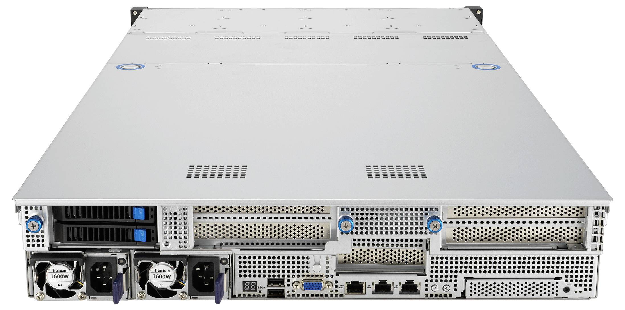 Een grote serverunit met meerdere koelingsventilators, poorten en voedingseenheden aan de achterkant. Het is ontworpen voor gebruik in datacenters.
