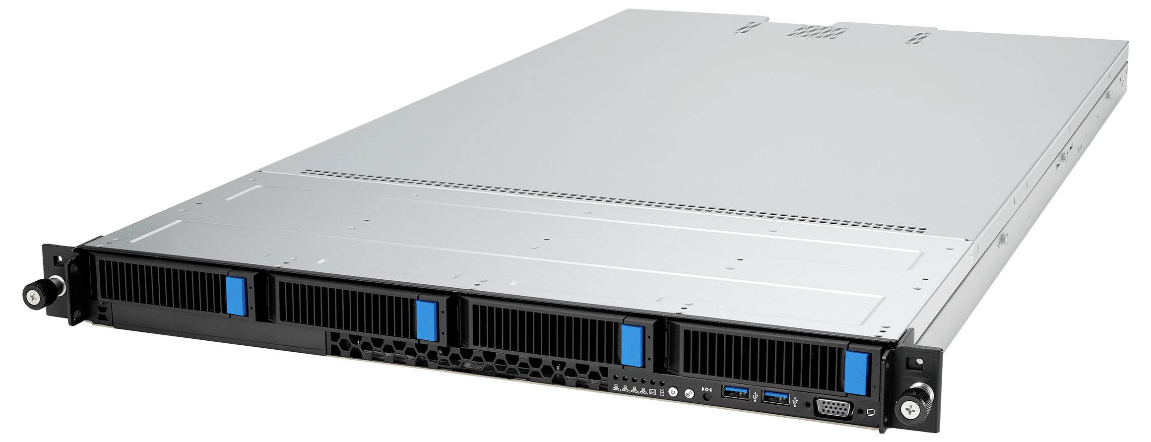 Een zilveren in-rack gemonteerde server met meerdere voorkant-georiënteerde ventilatieopeningen, blauwe compartimenten en verschillende poorten. Geschikt voor gegevensopslag en netwerken.