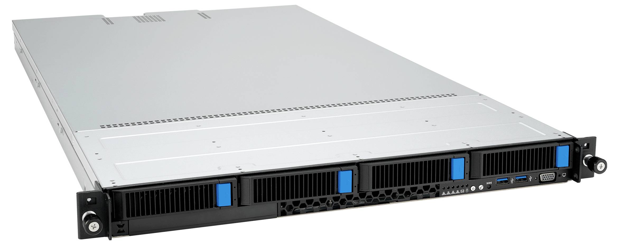 Rackgemonteerde server met een slanke, metalen ontwerp en aan de voorkant geplaatste ventilatieopeningen, typisch gebruikt in datacenters voor netwerktoepassing.