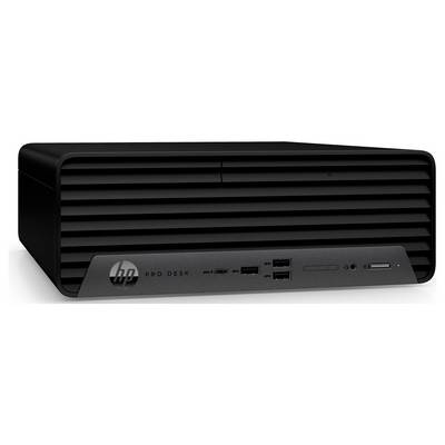 Een zwarte HP ProDesk mini desktop computer met een frontpaneel dat twee USB-poorten, audio-aansluitingen en andere connectiviteitsopties bevat.
