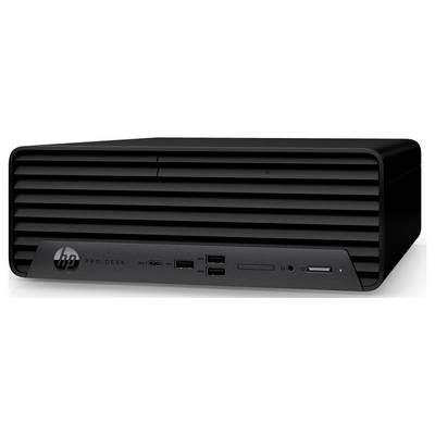Een zwarte HP ProDesk computer met een horizontaal geventileerd ontwerp, meerdere USB-poorten, een SD-kaartgleuf en een koptelefoonaansluiting op het voorpaneel.