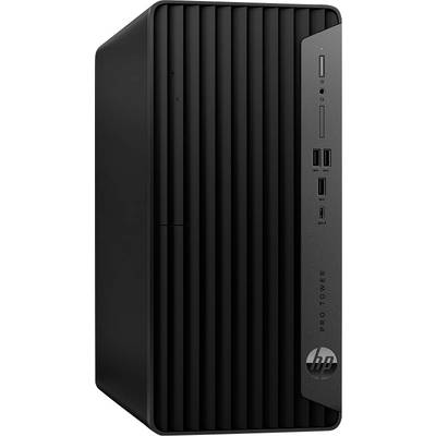 Een zwarte HP Pro Tower desktop computer met verticale groeven aan de linkerkant en verschillende poorten en knoppen op het rechterpaneel.