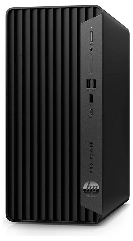 Een zwarte HP Pro Tower desktop computer met verticale ribbels, voorzien van meerdere USB-poorten en een HP-logo op het voorpaneel.