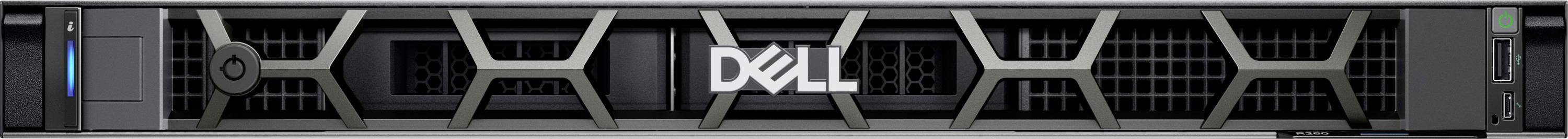 Een vooraanzicht van een Dell serverrek, met het Dell-logo prominent zichtbaar op een mesh-paneel, ontworpen voor integratie in een datacenter.