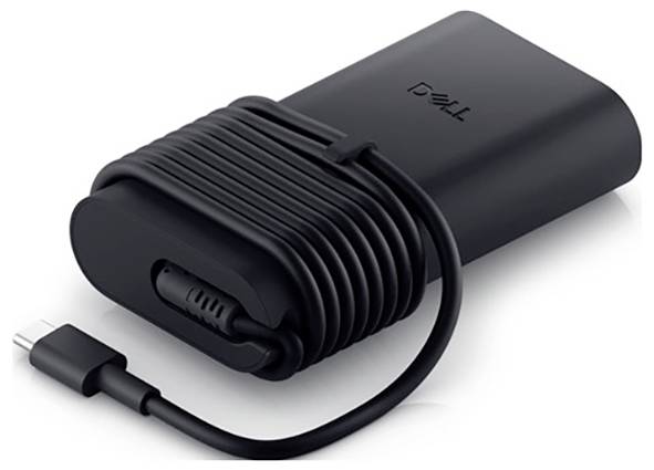 Een zwarte Dell laptoplader met een gekronkelde kabel, voorzien van een USB-C aansluiting, staat op een witte achtergrond.