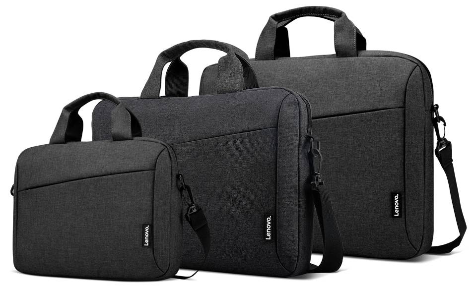 Drie zwarte Lenovo laptoptassen van verschillende formaten naast elkaar gerangschikt; elk exemplaar beschikt over een handgreep en schouderriem, geschikt voor uiteenlopende laptopafmetingen.