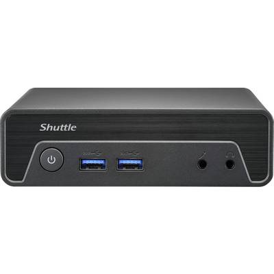 Een compacte zwarte desktopcomputer met 'Shuttle' branding, voorzien van een aan/uit-knop, twee USB-poorten en hoofdtelefoon- en microfoonaansluitingen op het voorpaneel.