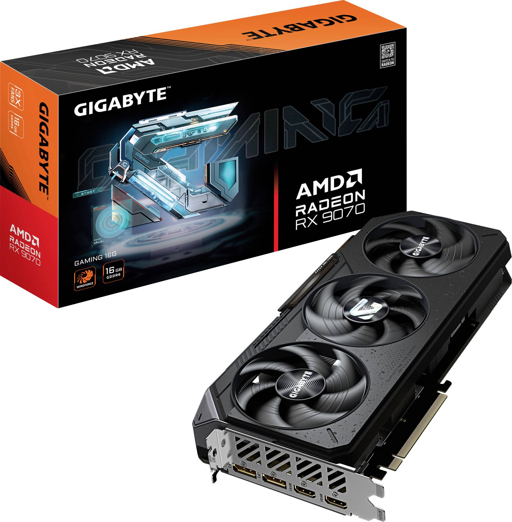 Een grafische kaart doos gelabeld 'GIGABYTE AMD Radeon RX 9070 Gaming 8G' met een afbeelding van de kaart en specificaties die 16GB VRAM benadrukken.