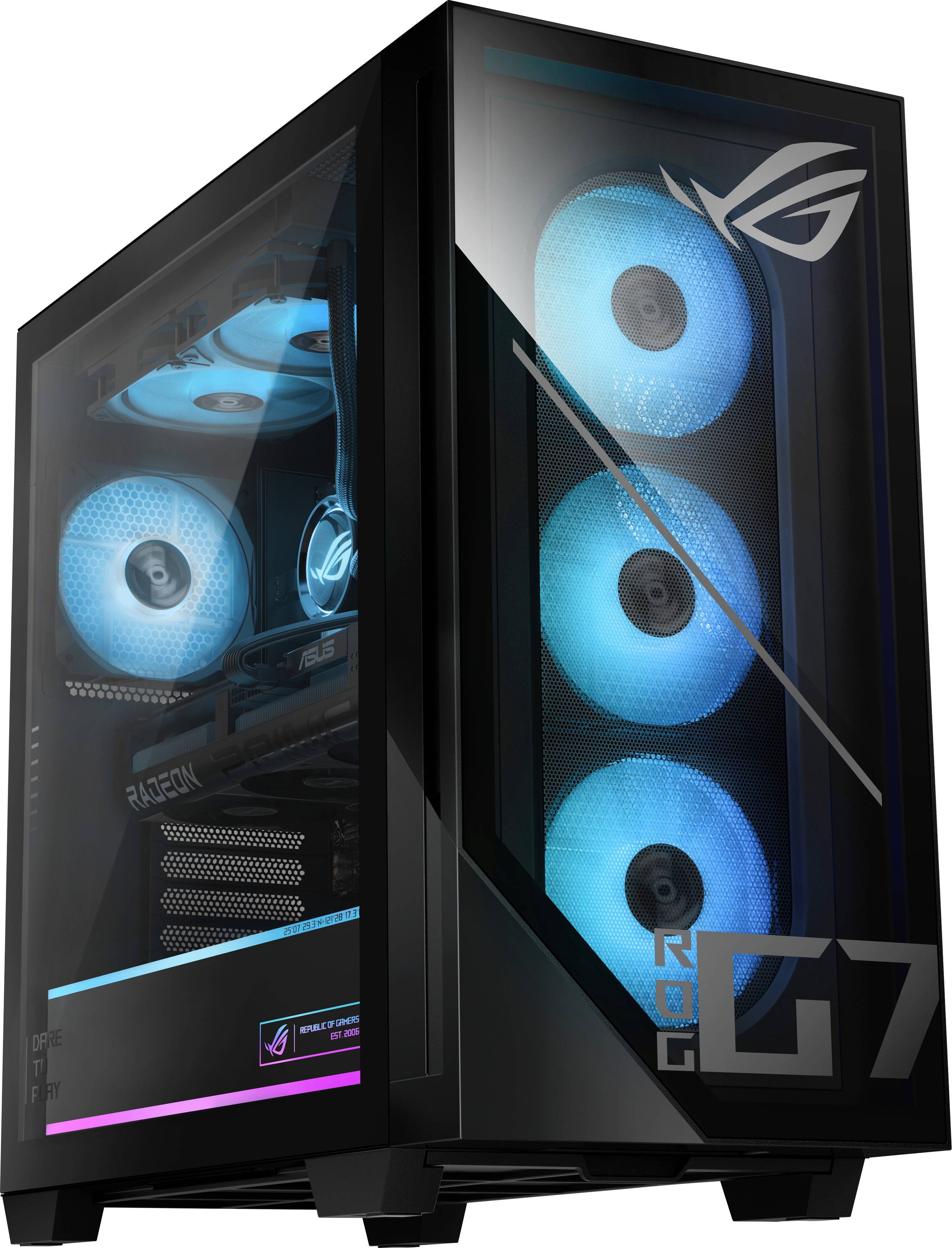 Een gaming-pc-toren met RGB-verlichting, voorzien van stoere blauwe ventilators en het 'ROG'-logo op het frontpaneel, die een strak design tentoonspreiden.