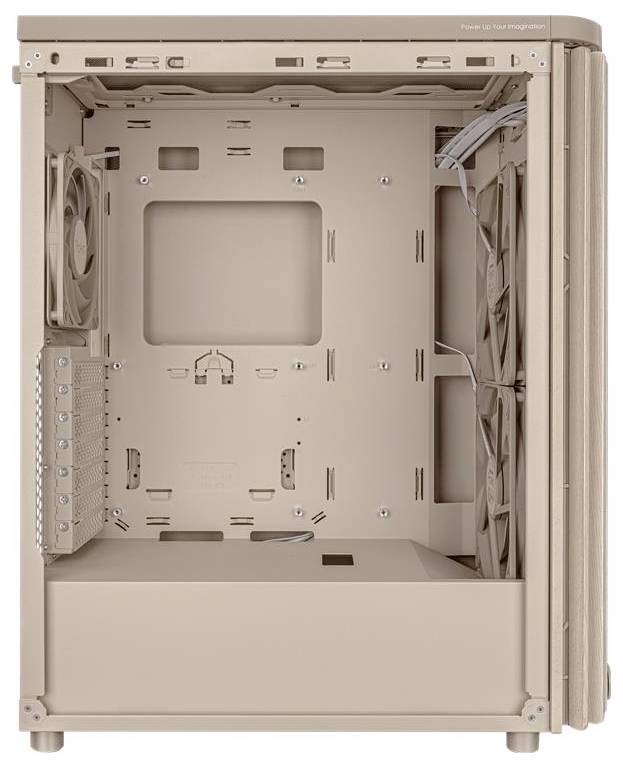 Een grote, lege beige computerbehuizing met meerdere ventilatorsteunen en kabelmanagementfuncties, ontworpen voor het bouwen van een custom PC.