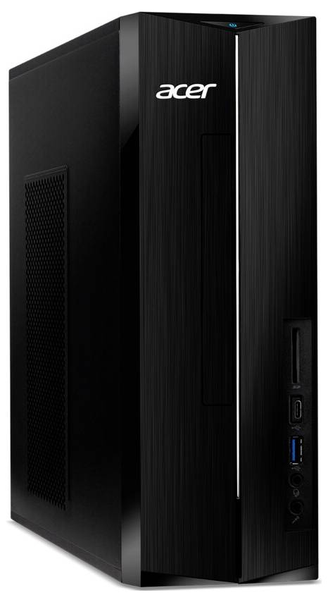 Een zwarte Acer desktopcomputer met een strak ontwerp, voorzien van USB-poorten en een kaartlezer op het voorpaneel.