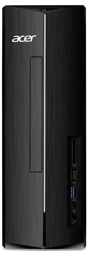 Een slanke, zwarte Acer desktoptoren met een verticale optische drive, USB-poorten en audiojacks aan de voorkant, met het Acer-logo zichtbaar.