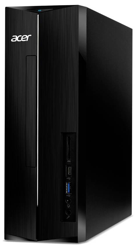 Een strakke, zwarte Acer desktopcomputer-toren met een verticaal ontwerp, voorzien van USB-poorten en een diskdrive op het voorpaneel.