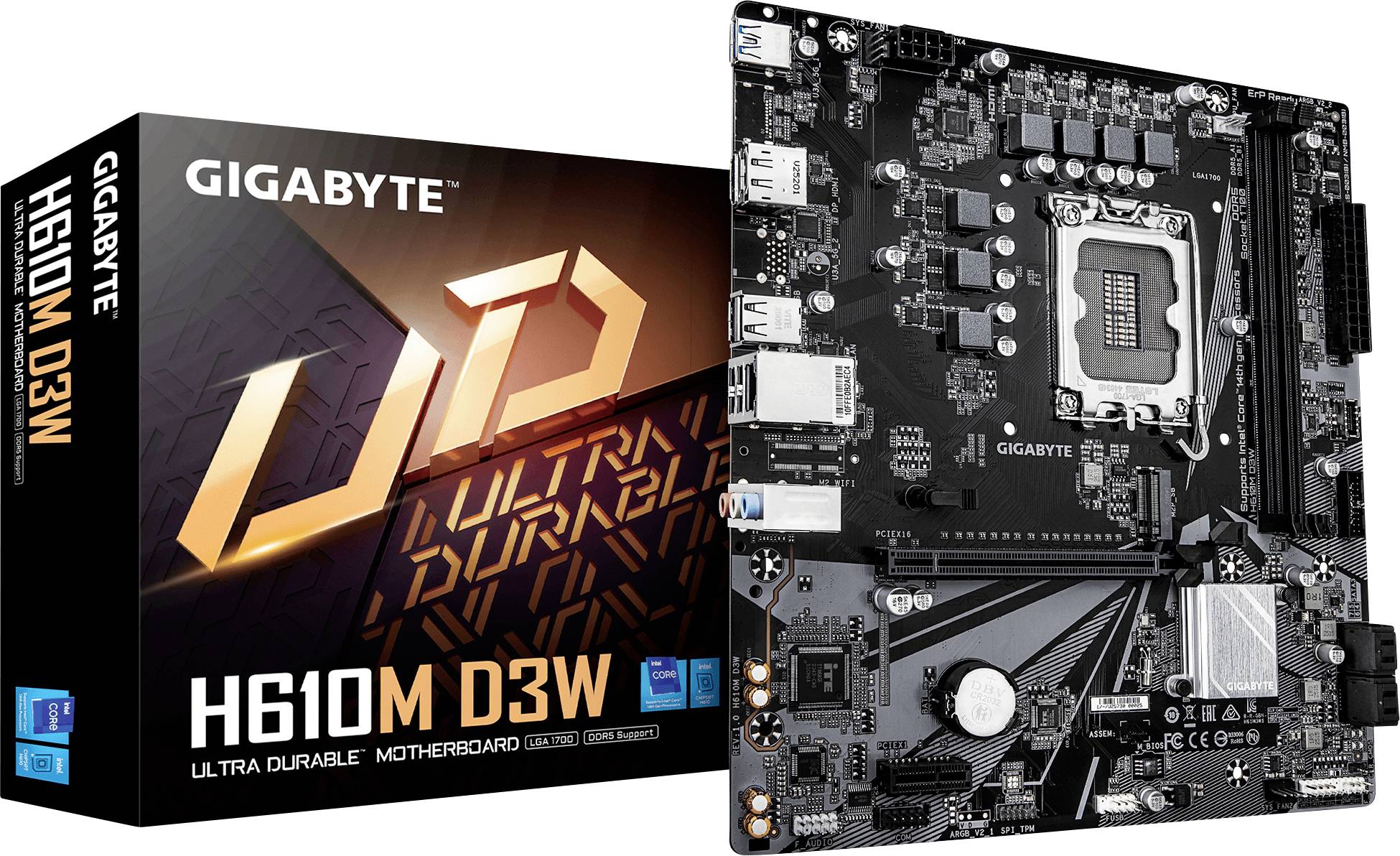 'GIGABYTE H610M D3W ULTRA DURABLE MOEDERBORD' verpakking en het daadwerkelijke moederbord, waarbij poorten en componenten worden tentoongespreid.
