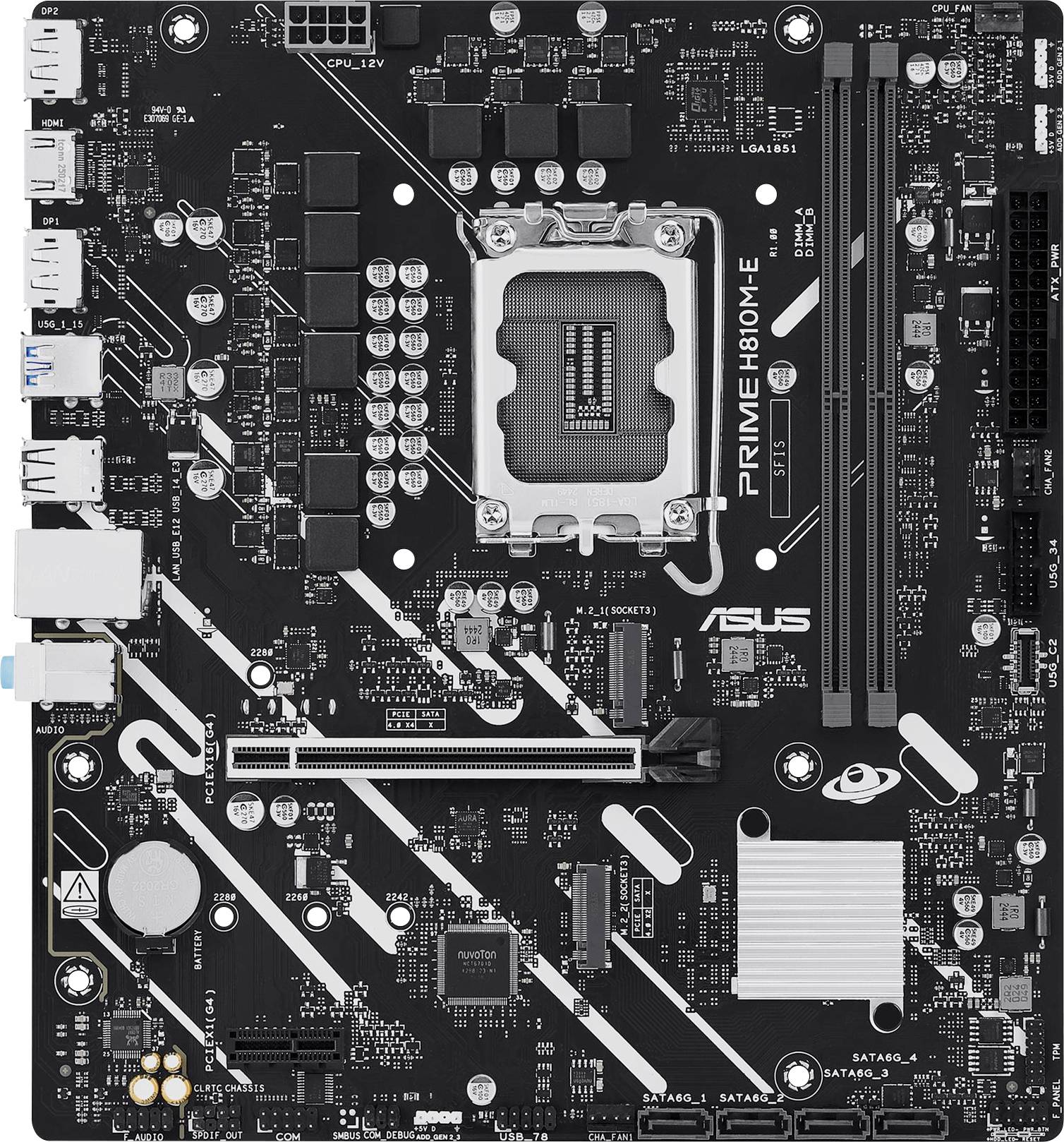 Een zwart computermoederbord gelabeld 'PRIME H810M-E' met sleuven voor RAM, CPU en verschillende aansluitingen voor randapparatuur.