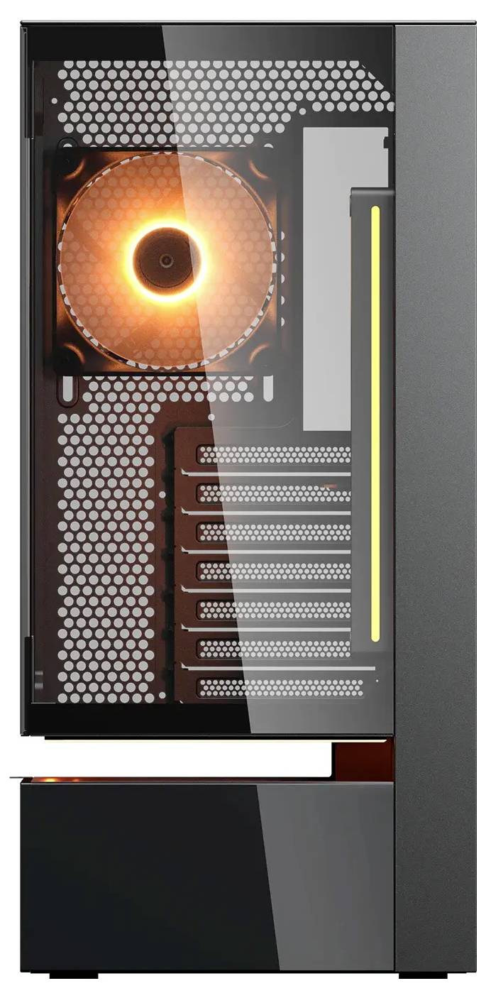 Een gaming-pc-behuizing met een transparant zijpaneel, met een verlichte oranje koelventilator en meerdere uitbreidingssleuven aan de binnenkant.