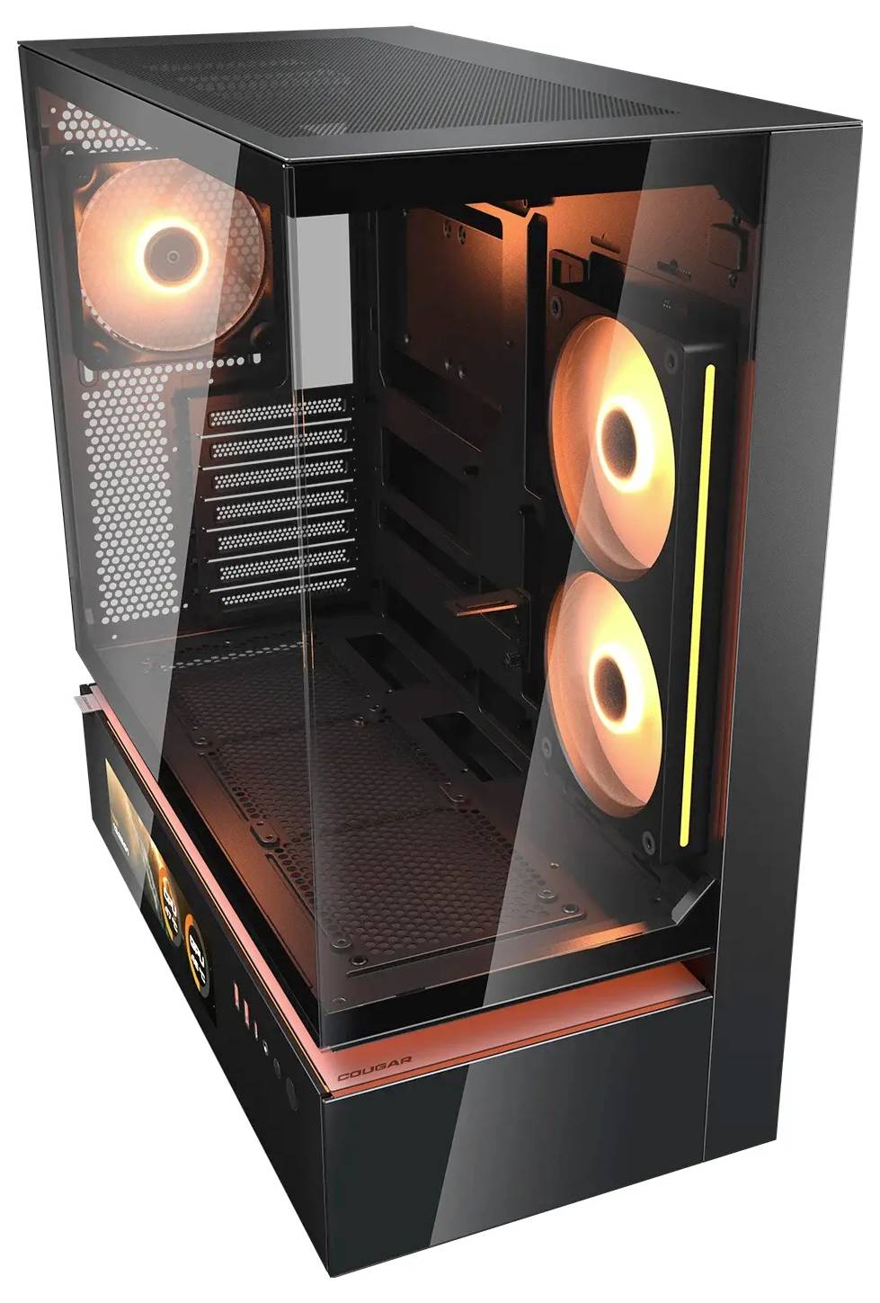 Een zwarte gaming computerbehuizing met een transparant zijpaneel toont oranje LED-verlichte koelventilatoren en ruimte voor componenten.