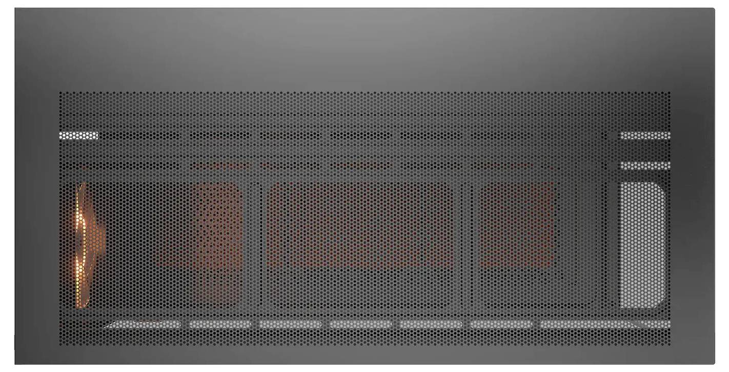 Een magnetronoven-deur gezien van voren, waarbij het interieur zichtbaar is met een dof oranje licht binnenin, wat aangeeft dat hij mogelijk in gebruik is.