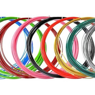 Kleurrijke spoelen van draden in tinten van rood, blauw, roze, groen en zwart zijn geschikt in overlappende cirkels tegen een witte achtergrond.