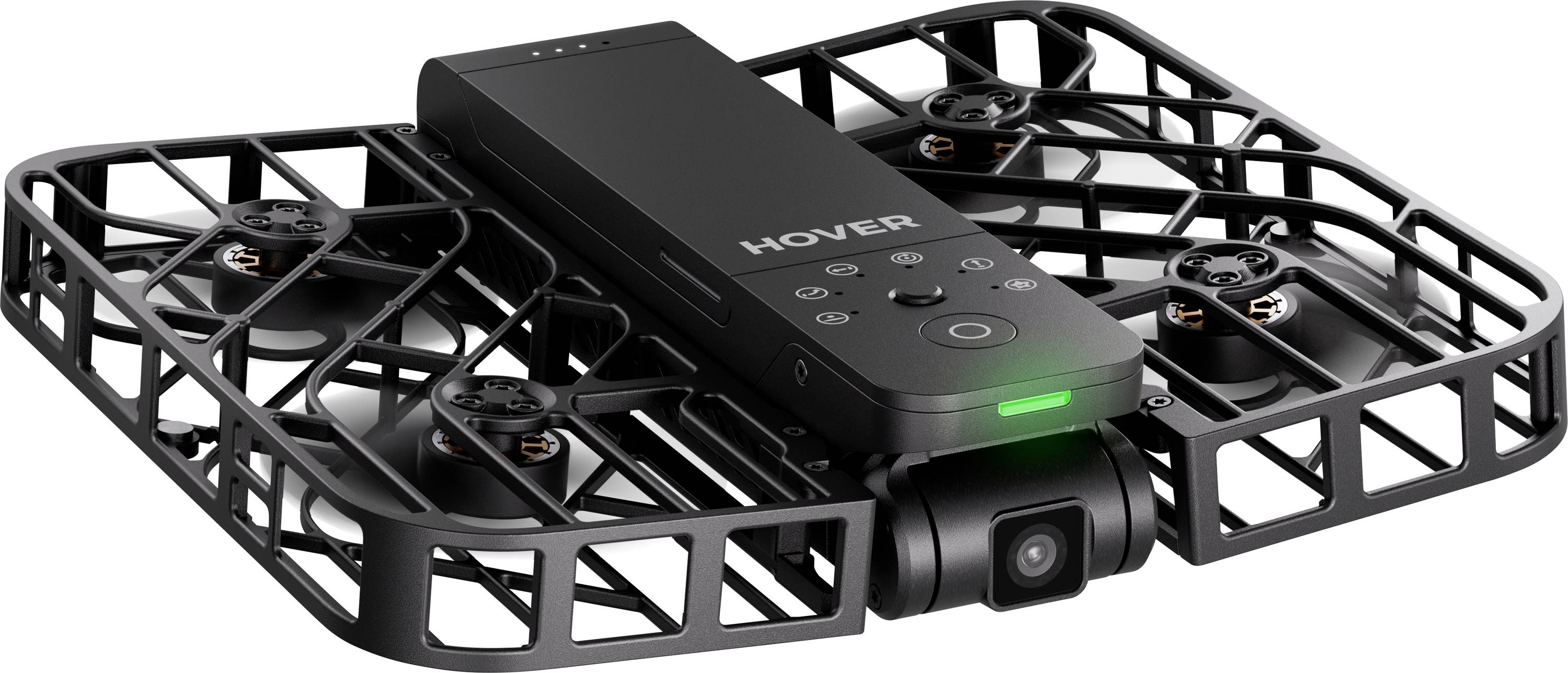 Een zwarte, rechthoekige drone met 'HOVER' op de bovenkant, voorzien van vier propellers binnen een beschermende behuizing en een camera aan de voorkant.