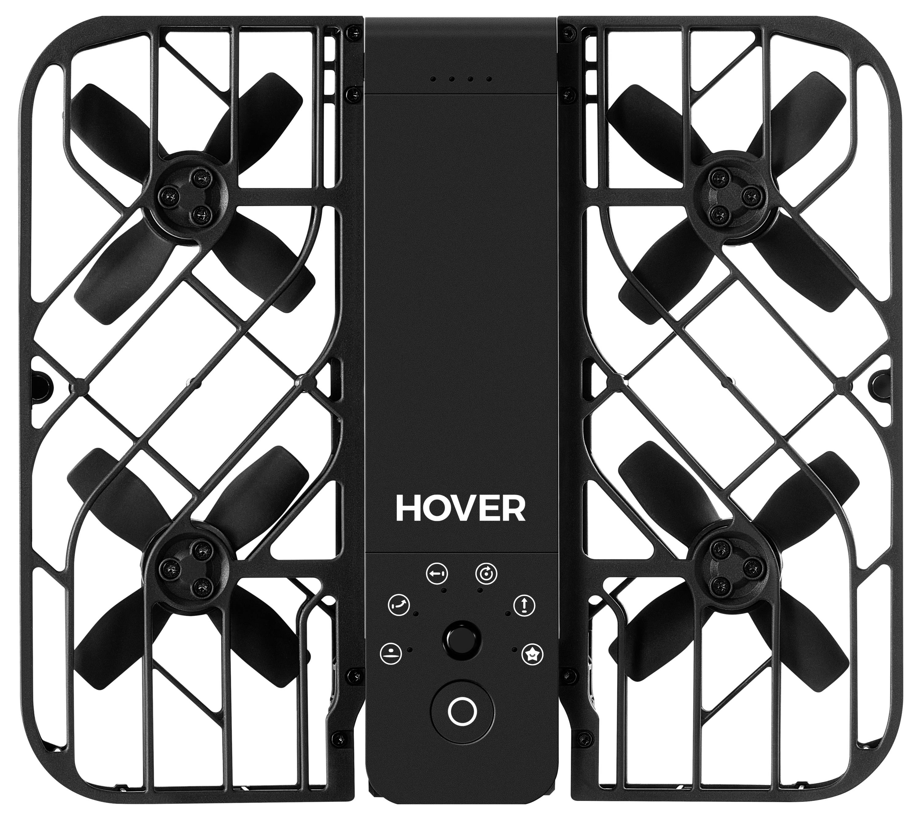 Een zwarte quadcopter drone met beschermende behuizing aan alle zijden, voorzien van een centraal paneel met het label 'HOVER' en bedieningsknoppen eronder.