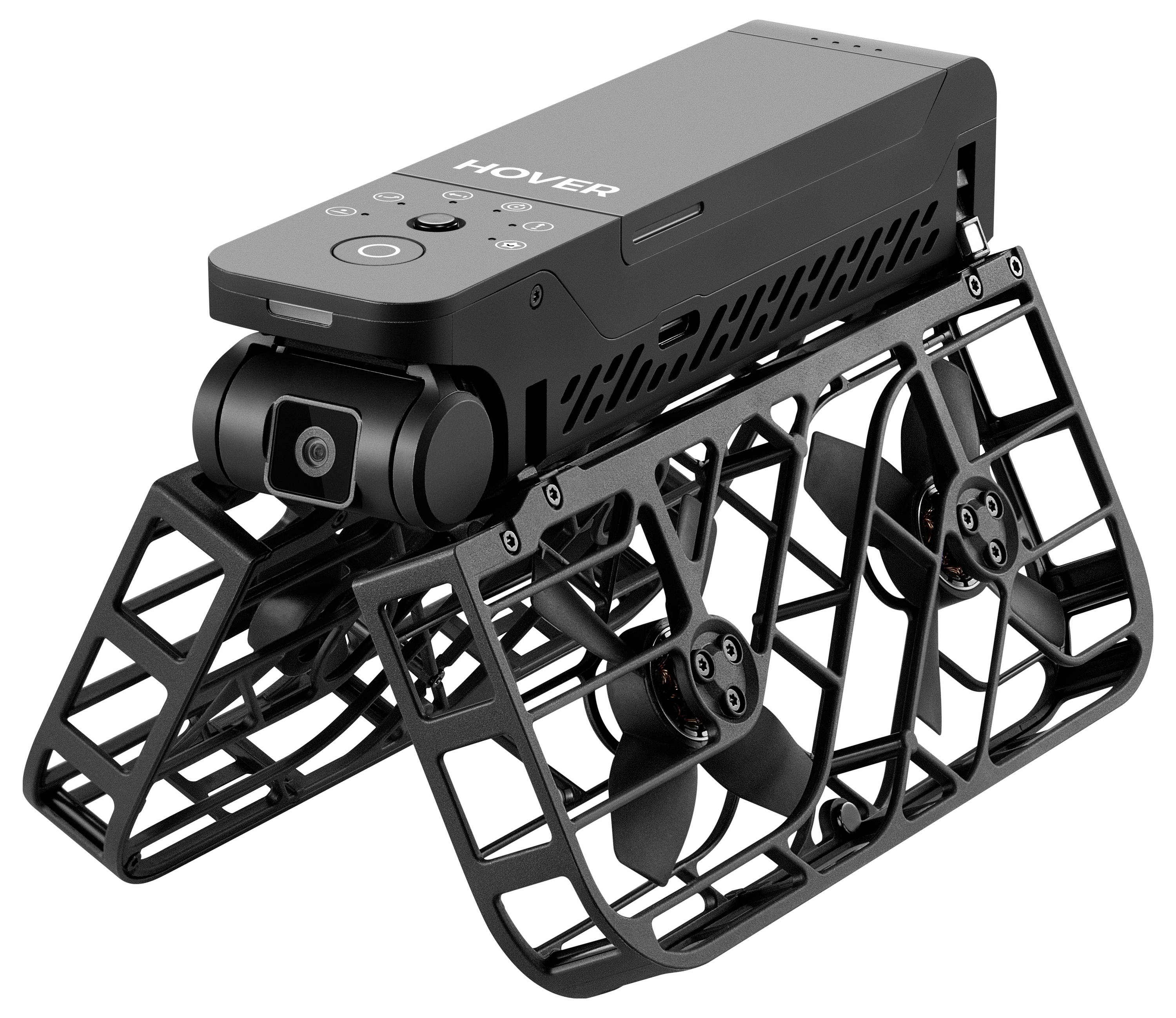 Een compacte drone met opvouwbare rotors en een geïntegreerde camera, gelabeld 'HOVER'.