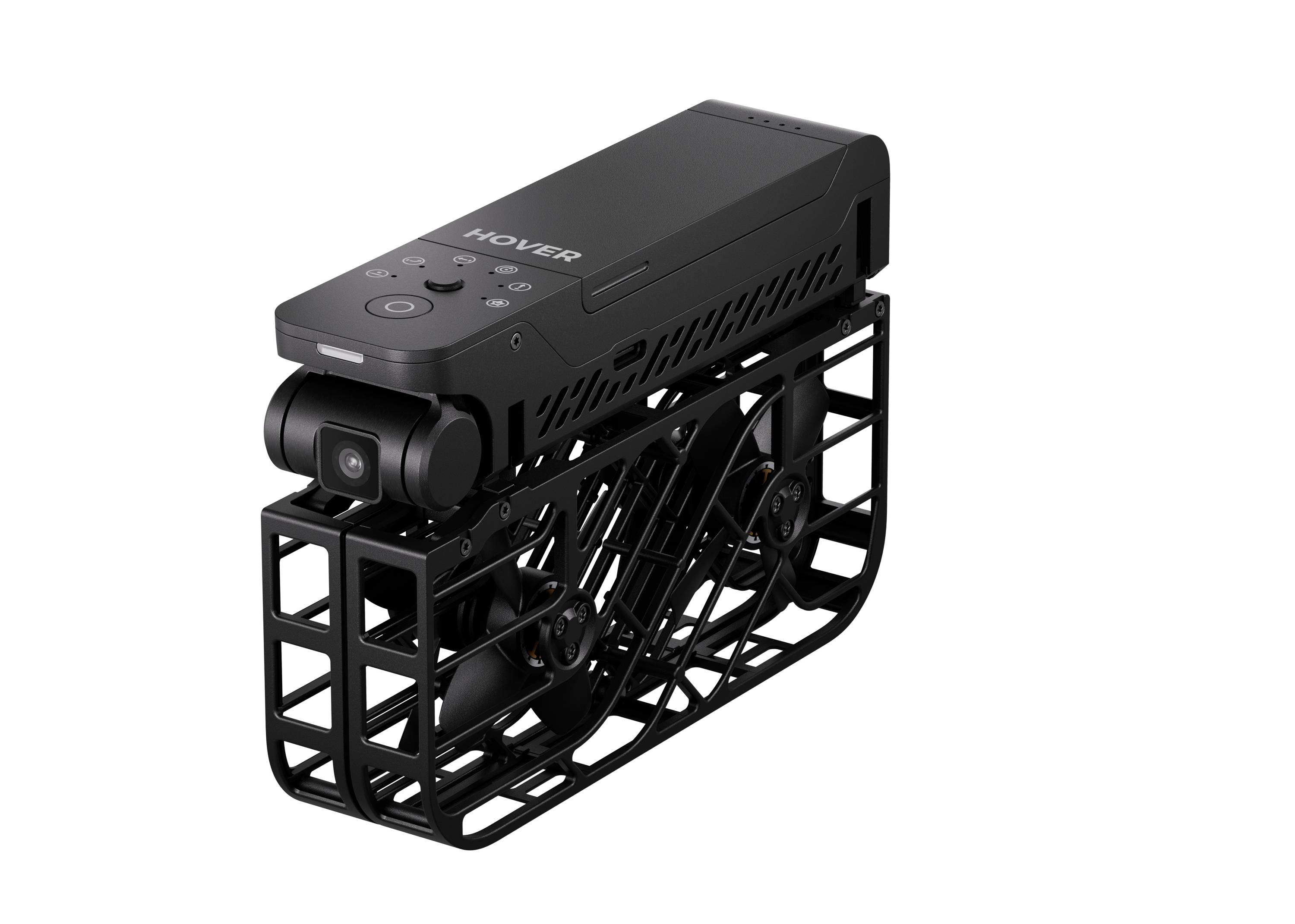 Een compacte zwarte drone met een camera, omhuld door een beschermende kooi, ontworpen voor luchtfotografie of video-opnamen.