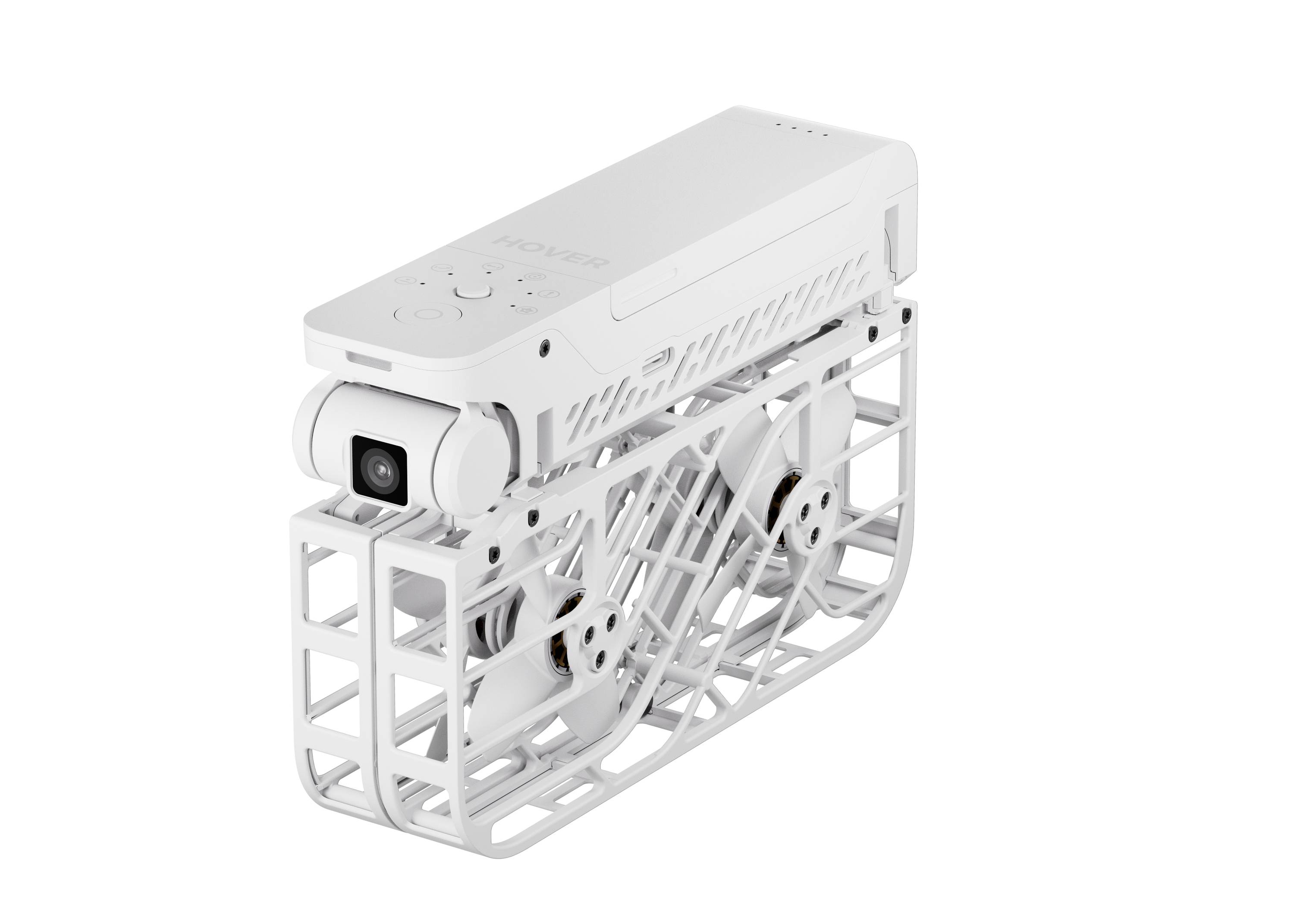 Een opvouwbare witte drone met een compact ontwerp met ingesloten propellers, bedoeld voor luchtfotografie of videografie.