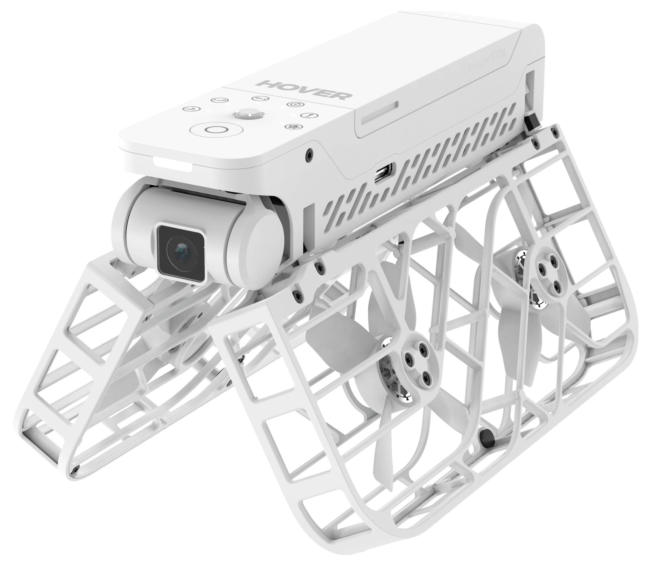 Een compacte, witte drone met propellers die zijn beschermd door een beschermende kooi, uitgerust met een camera aan de voorkant voor het vastleggen van luchtbeelden.