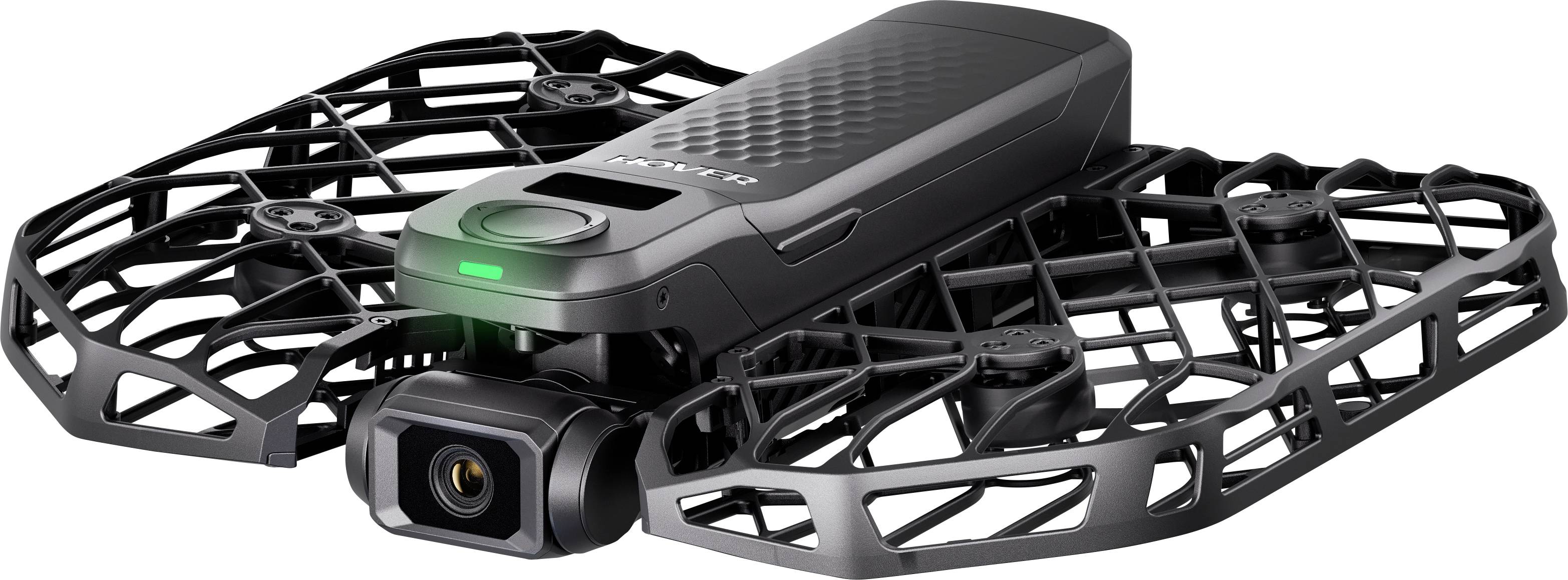 Een zwarte drone met beschermende behuizing en een camera aan de voorkant, ontworpen voor luchtfotografie en videografie.