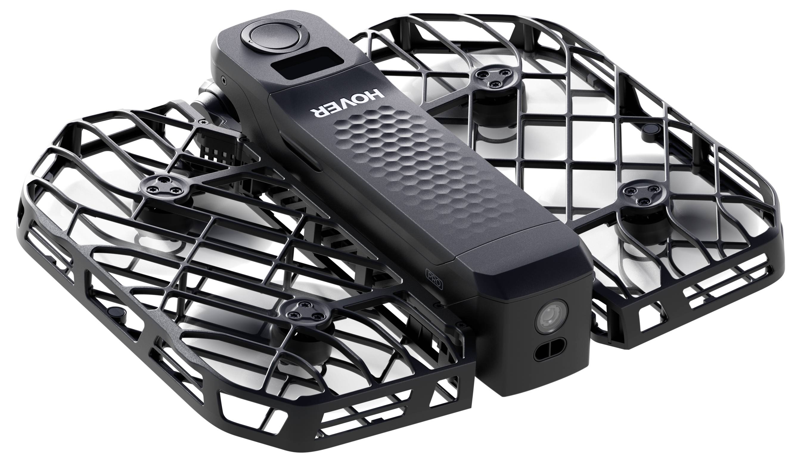 Een compacte, opvouwbare drone met beschermende roosterbedekkingen rond zijn propellers, voorzien van een camera op zijn behuizing, ontworpen voor luchtfotografie.