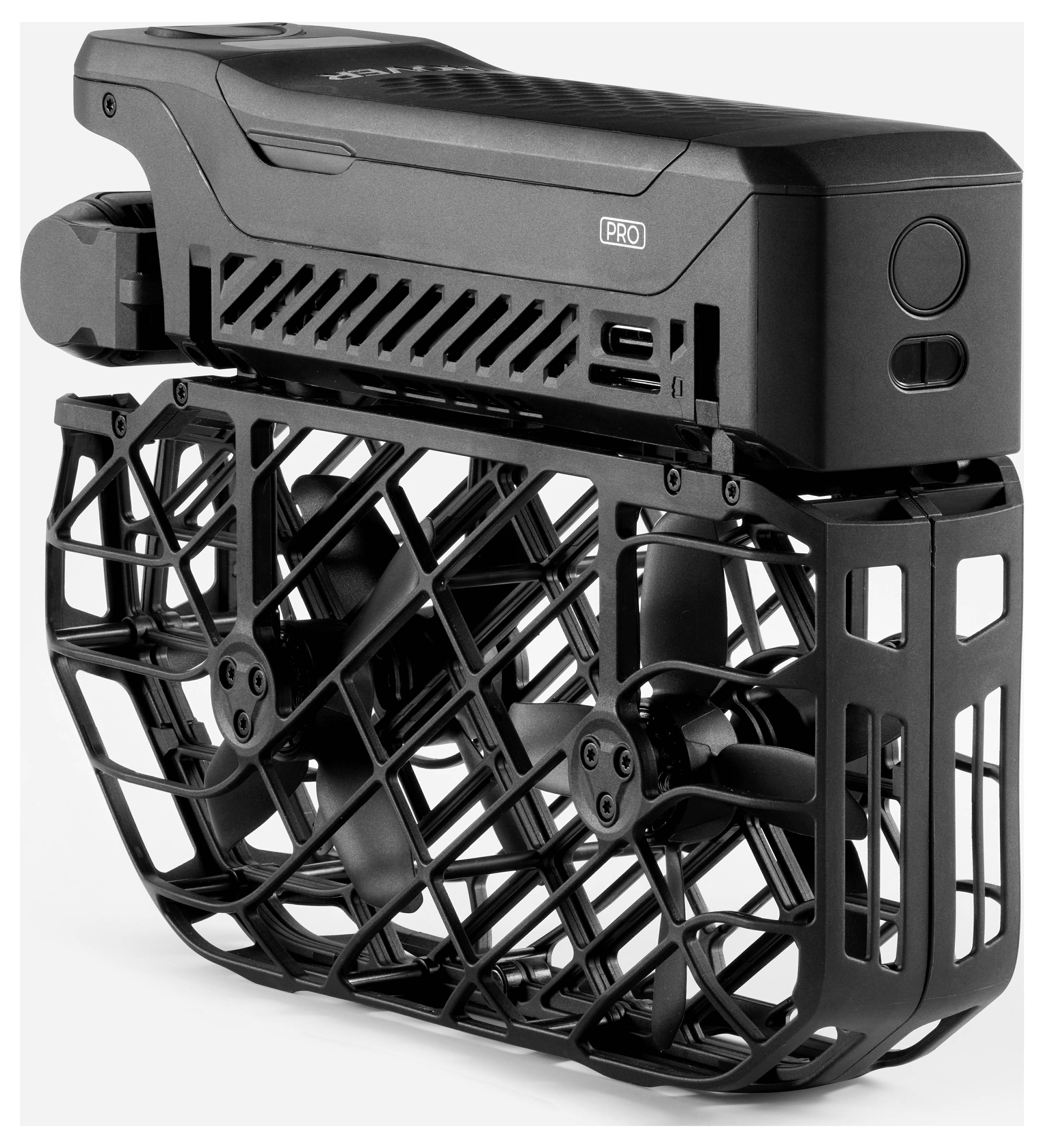 Een compacte, opvouwbare drone met beschermende propellerkappen, ontworpen voor draagbaarheid en veiligheid.