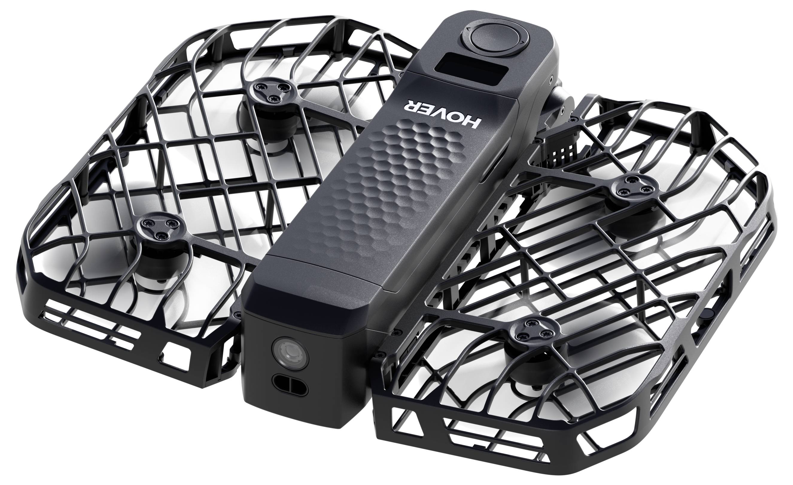 Een compacte zwarte drone met propellerbeschermers, voorzien van een camera aan de voorkant en het woord 'Hover' bovenop gedrukt, ontworpen voor luchtfotografie en -video.